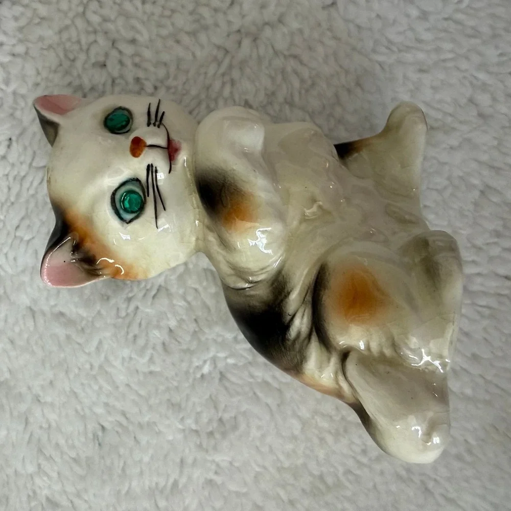 Vintage Ceramic Kitten Japan Cat Green Gem Eyes 3